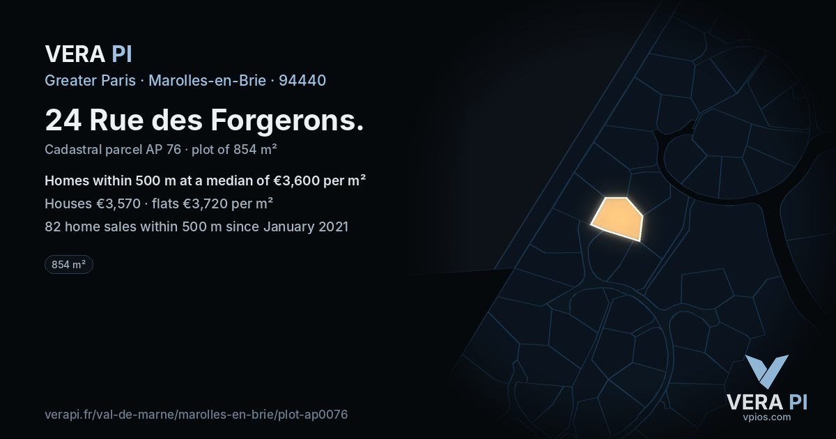 24 Rue des Forgerons, Marolles-en-Brie at night – the plot lit, the parcels around coloured by the prices near them