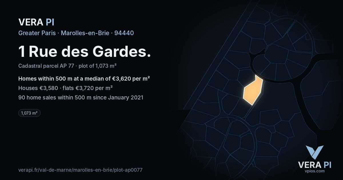 1 Rue des Gardes, Marolles-en-Brie at night – the plot lit, the parcels around coloured by the prices near them