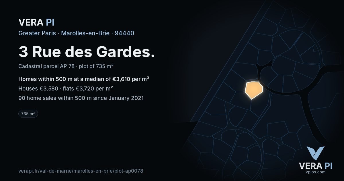 3 Rue des Gardes, Marolles-en-Brie at night – the plot lit, the parcels around coloured by the prices near them