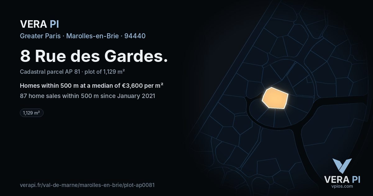 8 Rue des Gardes, Marolles-en-Brie at night – the plot lit, the parcels around coloured by the prices near them
