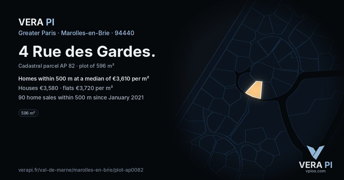 4 Rue des Gardes, Marolles-en-Brie at night – the plot lit, the parcels around coloured by the prices near them