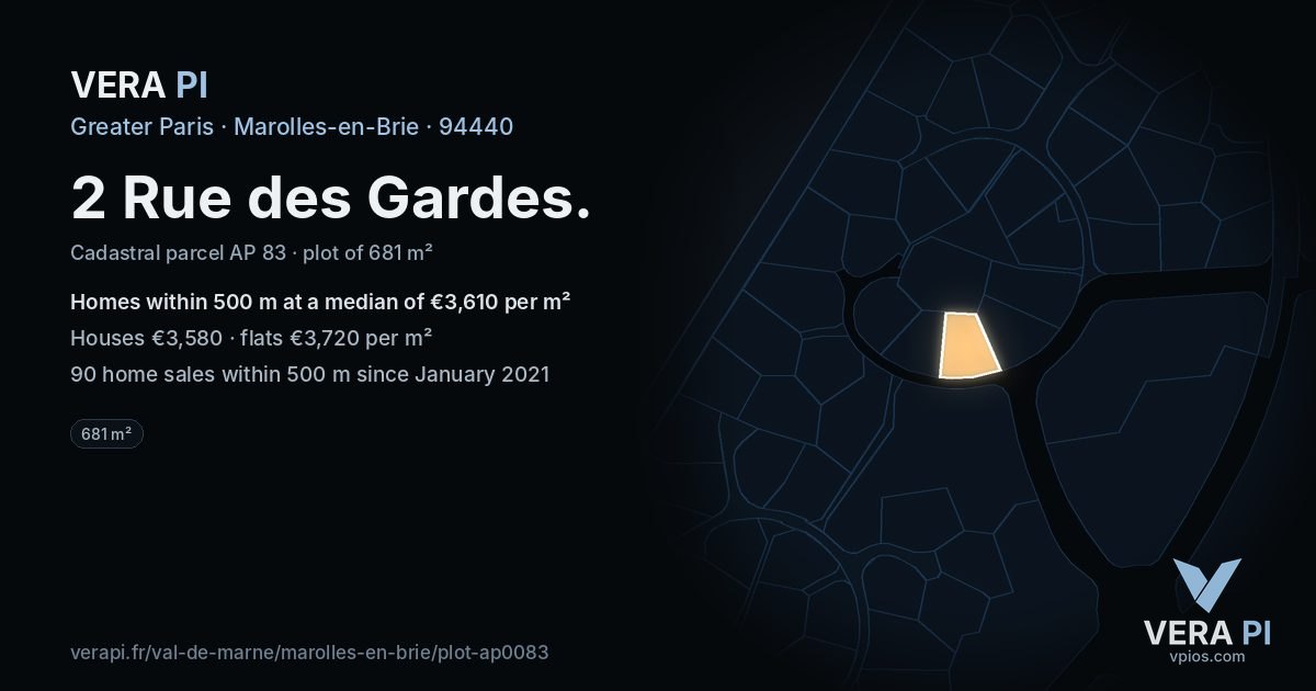 2 Rue des Gardes, Marolles-en-Brie at night – the plot lit, the parcels around coloured by the prices near them