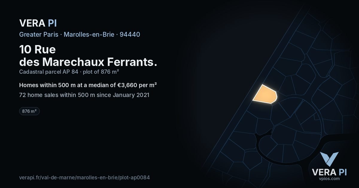 10 Rue des Marechaux Ferrants, Marolles-en-Brie at night – the plot lit, the parcels around coloured by the prices near them