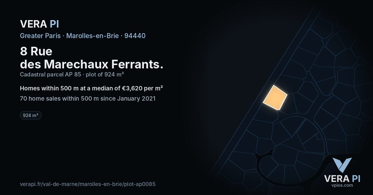 8 Rue des Marechaux Ferrants, Marolles-en-Brie at night – the plot lit, the parcels around coloured by the prices near them