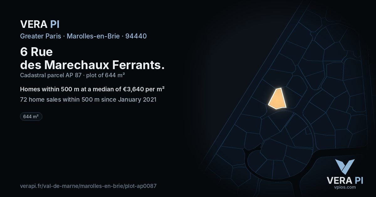 6 Rue des Marechaux Ferrants, Marolles-en-Brie at night – the plot lit, the parcels around coloured by the prices near them
