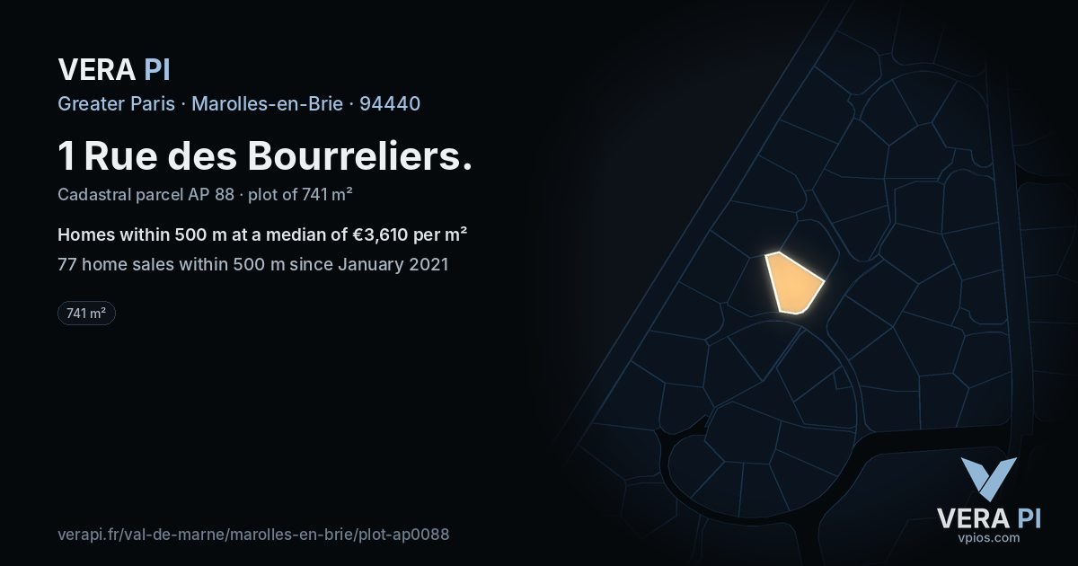 1 Rue des Bourreliers, Marolles-en-Brie at night – the plot lit, the parcels around coloured by the prices near them