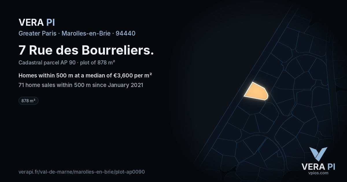 7 Rue des Bourreliers, Marolles-en-Brie at night – the plot lit, the parcels around coloured by the prices near them