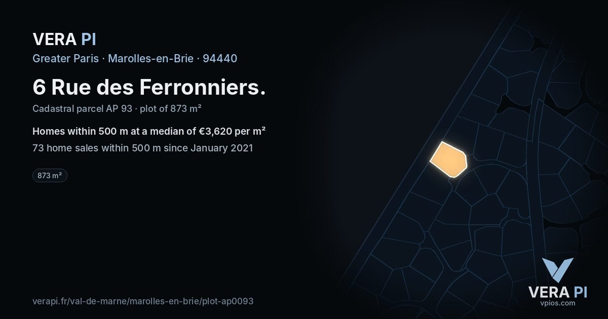 6 Rue des Ferronniers, Marolles-en-Brie at night – the plot lit, the parcels around coloured by the prices near them