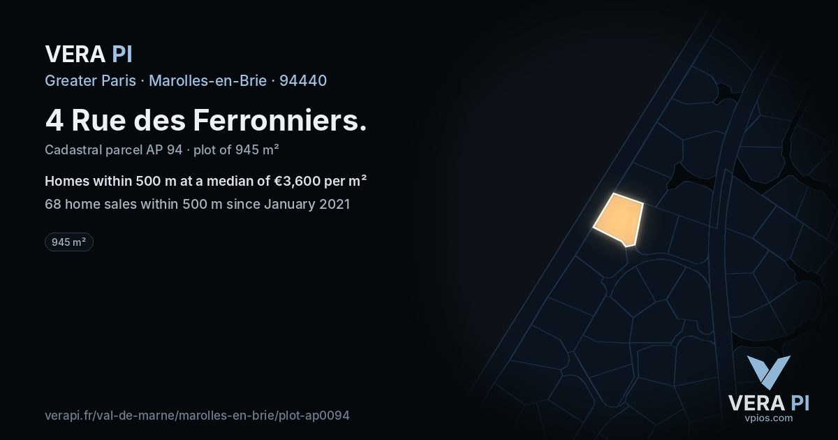 4 Rue des Ferronniers, Marolles-en-Brie at night – the plot lit, the parcels around coloured by the prices near them