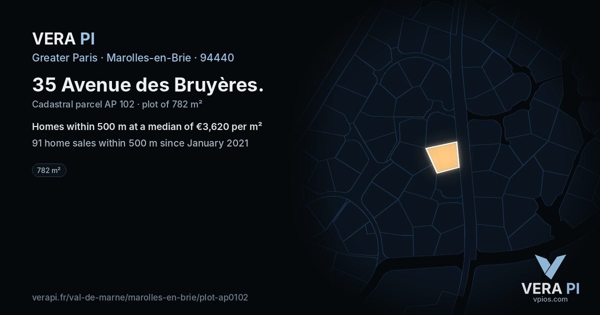 35 Avenue des Bruyères, Marolles-en-Brie at night – the plot lit, the parcels around coloured by the prices near them