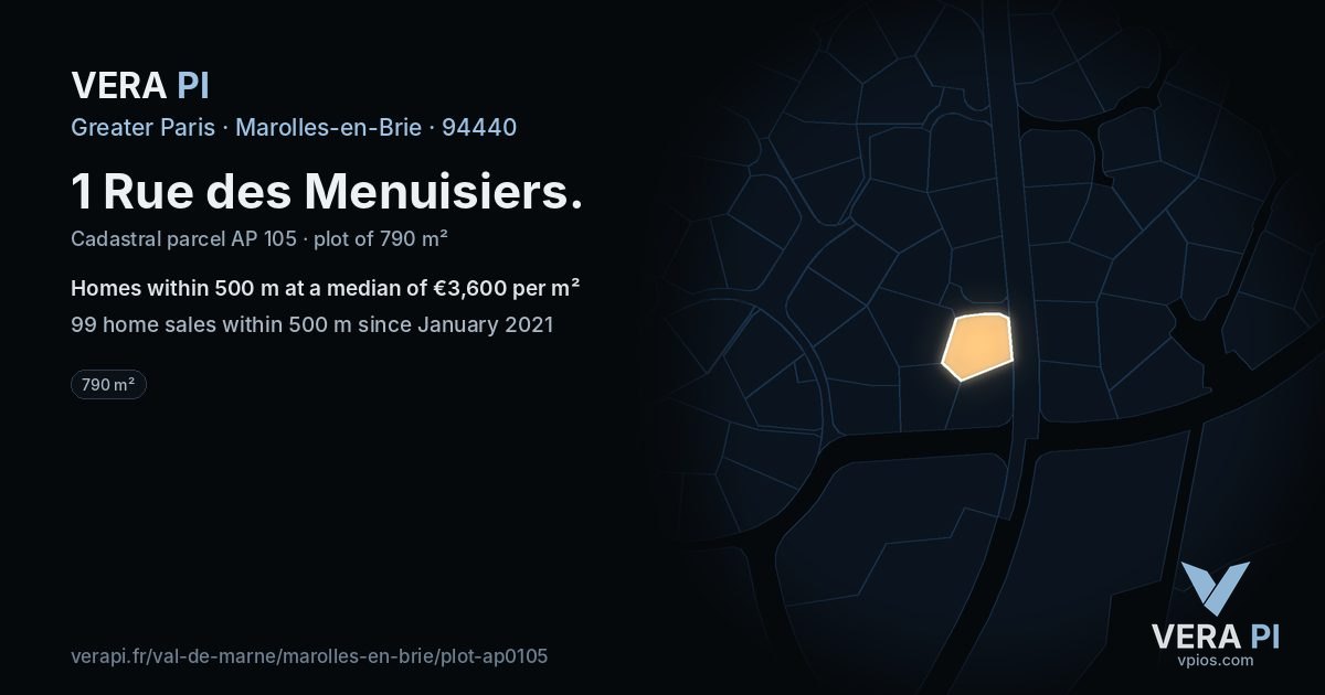1 Rue des Menuisiers, Marolles-en-Brie at night – the plot lit, the parcels around coloured by the prices near them