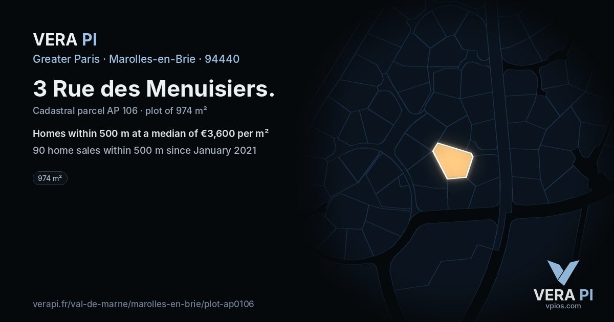 3 Rue des Menuisiers, Marolles-en-Brie at night – the plot lit, the parcels around coloured by the prices near them