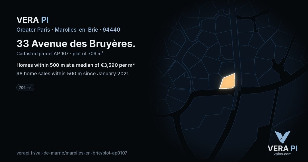 33 Avenue des Bruyères, Marolles-en-Brie at night – the plot lit, the parcels around coloured by the prices near them
