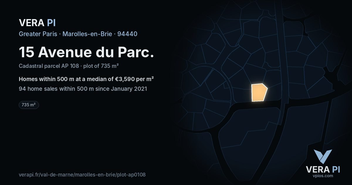 15 Avenue du Parc, Marolles-en-Brie at night – the plot lit, the parcels around coloured by the prices near them