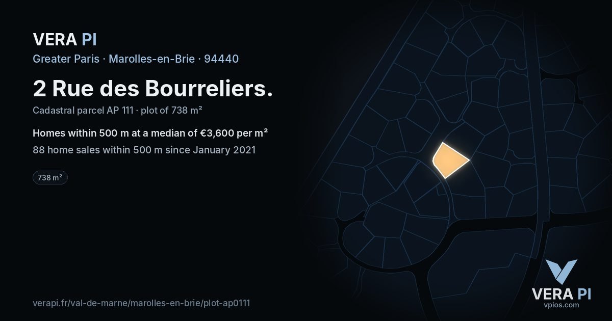 2 Rue des Bourreliers, Marolles-en-Brie at night – the plot lit, the parcels around coloured by the prices near them