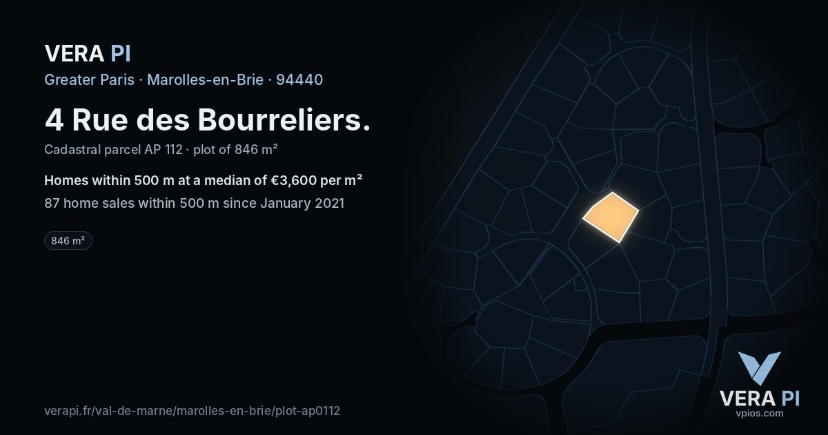 4 Rue des Bourreliers, Marolles-en-Brie at night – the plot lit, the parcels around coloured by the prices near them