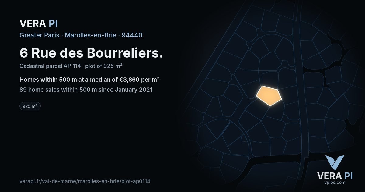 6 Rue des Bourreliers, Marolles-en-Brie at night – the plot lit, the parcels around coloured by the prices near them