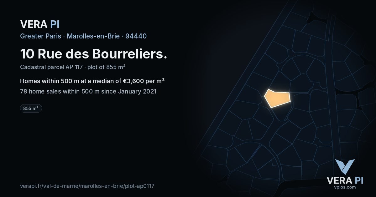 10 Rue des Bourreliers, Marolles-en-Brie at night – the plot lit, the parcels around coloured by the prices near them
