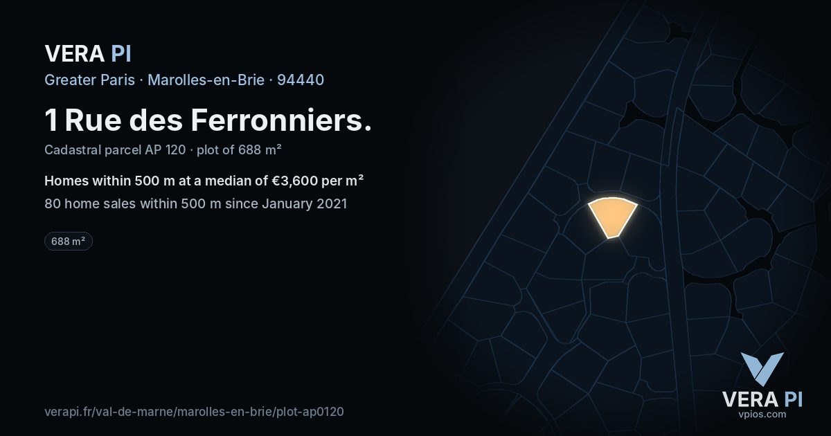 1 Rue des Ferronniers, Marolles-en-Brie at night – the plot lit, the parcels around coloured by the prices near them