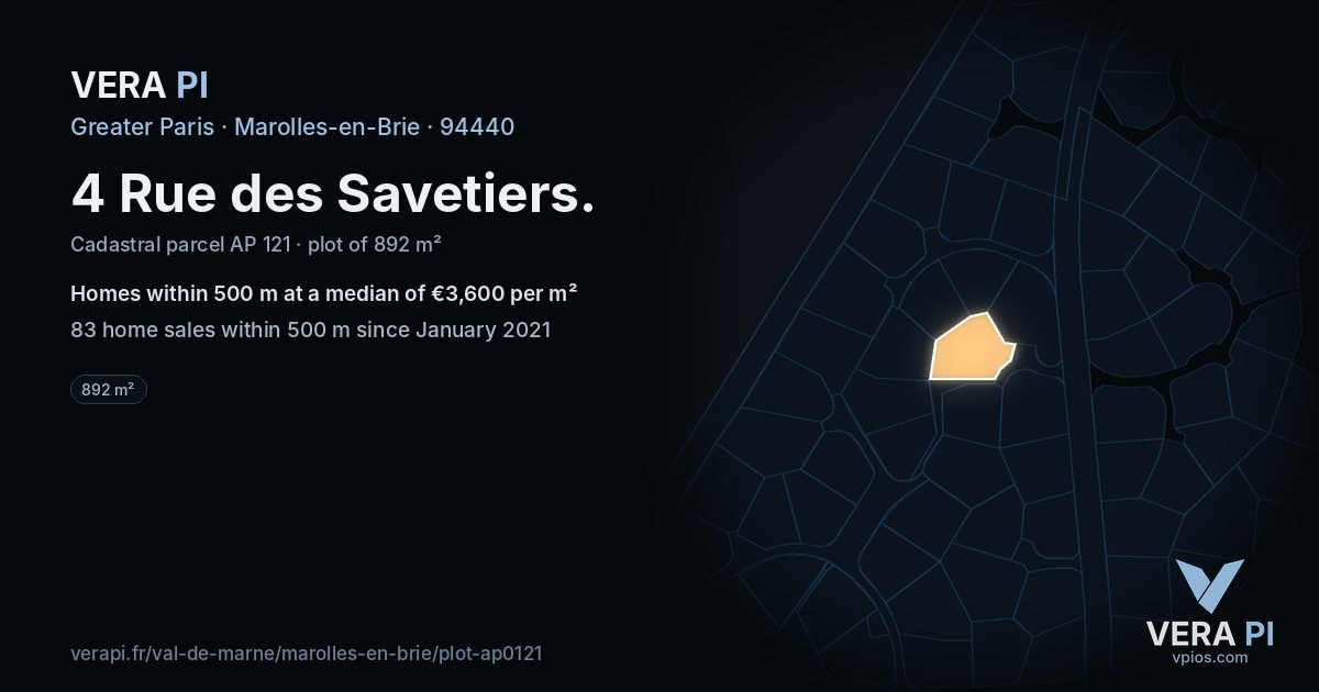4 Rue des Savetiers, Marolles-en-Brie at night – the plot lit, the parcels around coloured by the prices near them