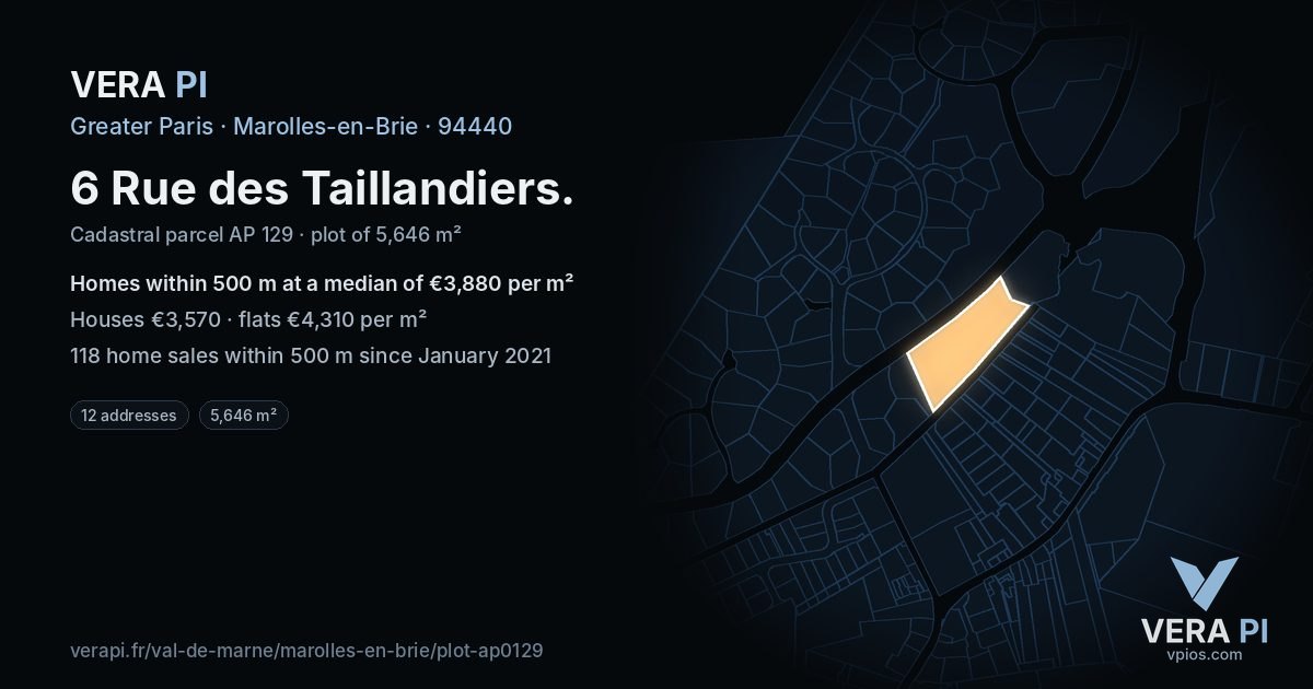 6 Rue des Taillandiers, Marolles-en-Brie at night – the plot lit, the parcels around coloured by the prices near them