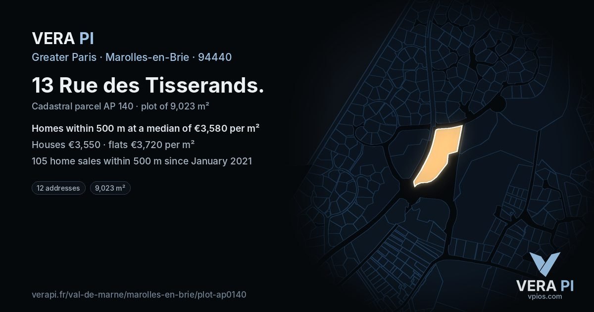 13 Rue des Tisserands, Marolles-en-Brie at night – the plot lit, the parcels around coloured by the prices near them