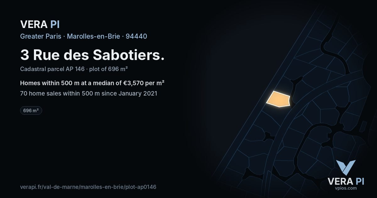 3 Rue des Sabotiers, Marolles-en-Brie at night – the plot lit, the parcels around coloured by the prices near them