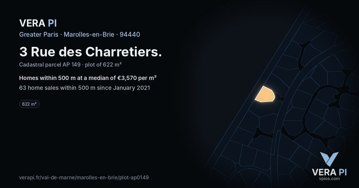 3 Rue des Charretiers, Marolles-en-Brie at night – the plot lit, the parcels around coloured by the prices near them