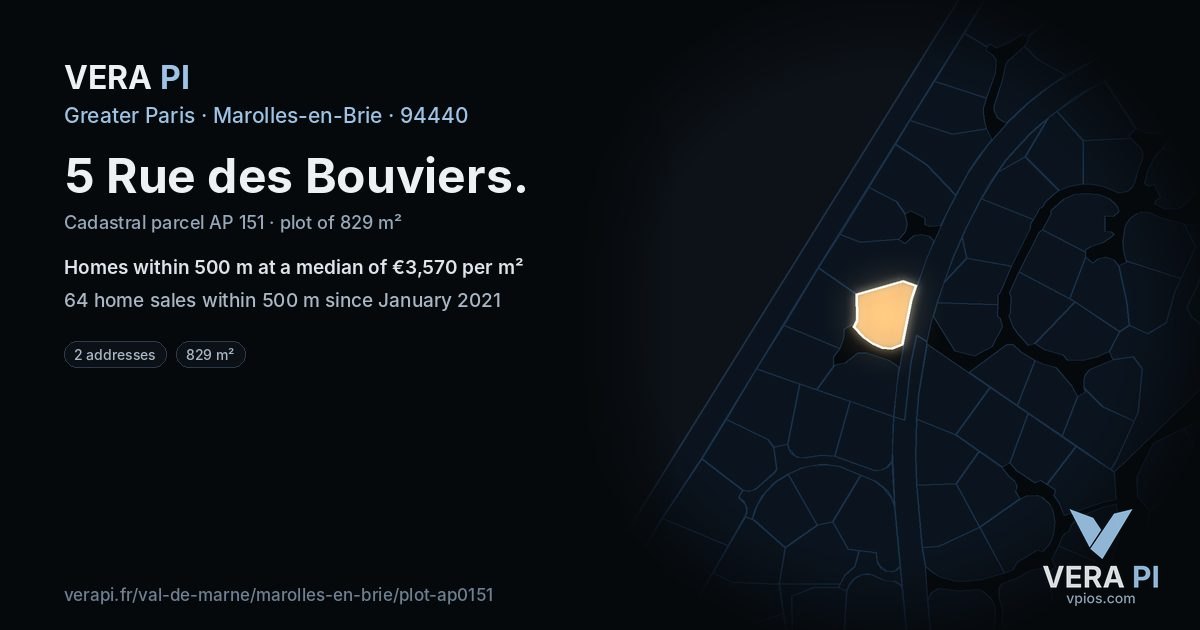 5 Rue des Bouviers, Marolles-en-Brie at night – the plot lit, the parcels around coloured by the prices near them