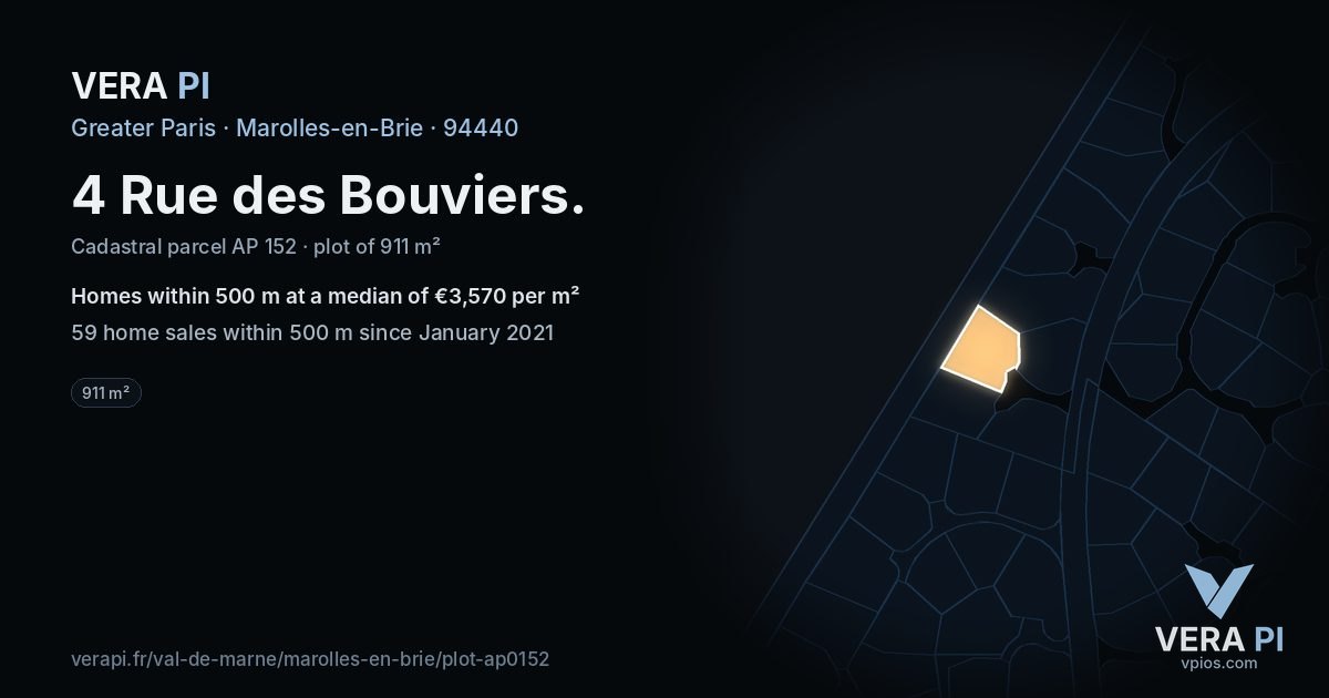 4 Rue des Bouviers, Marolles-en-Brie at night – the plot lit, the parcels around coloured by the prices near them