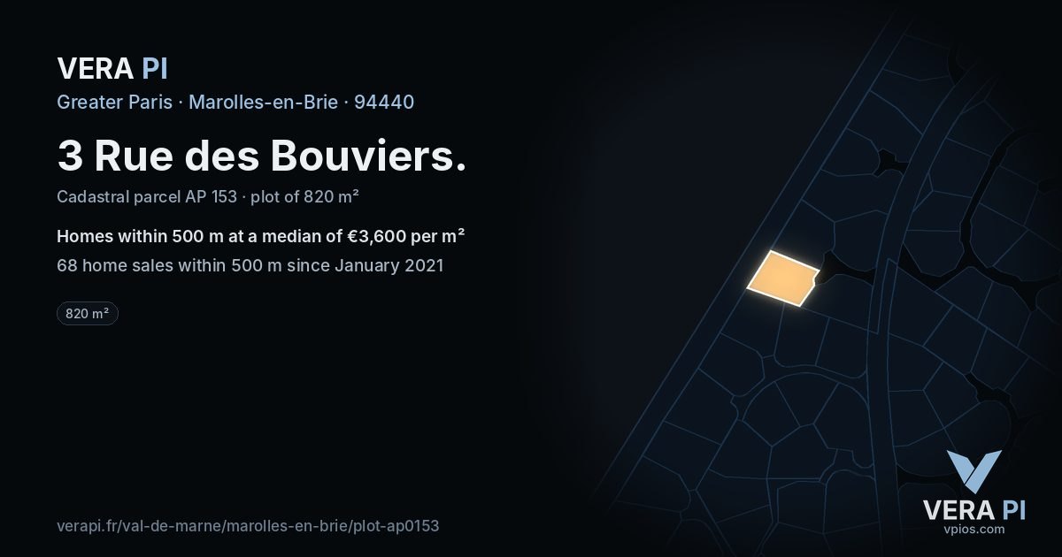 3 Rue des Bouviers, Marolles-en-Brie at night – the plot lit, the parcels around coloured by the prices near them