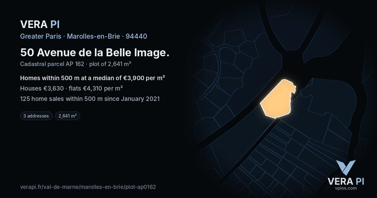 50 Avenue de la Belle Image, Marolles-en-Brie at night – the plot lit, the parcels around coloured by the prices near them