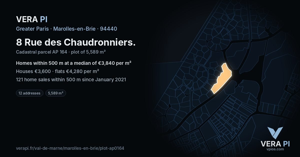 8 Rue des Chaudronniers, Marolles-en-Brie at night – the plot lit, the parcels around coloured by the prices near them
