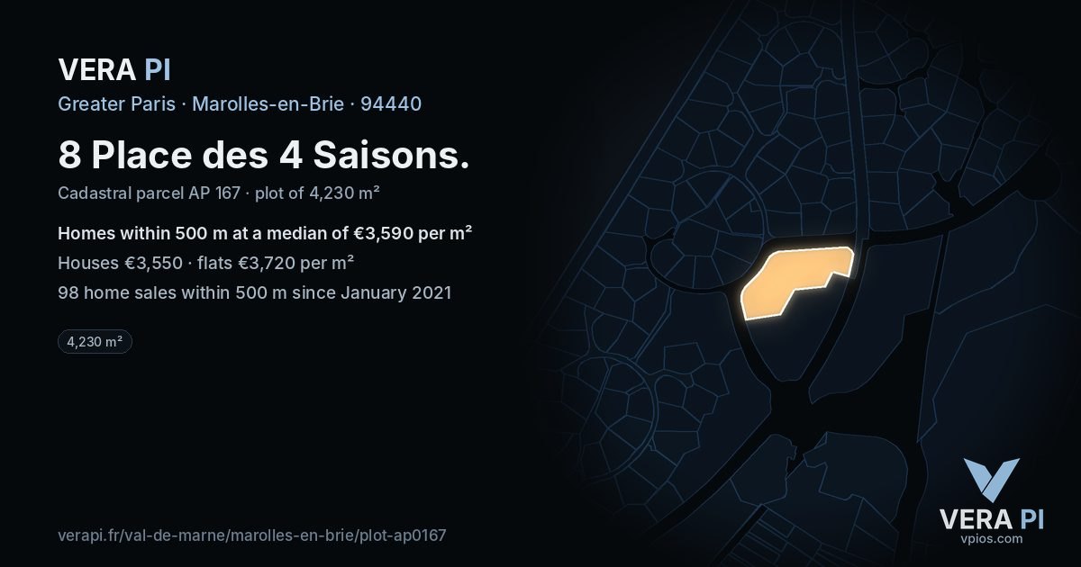 8 Place des 4 Saisons, Marolles-en-Brie at night – the plot lit, the parcels around coloured by the prices near them