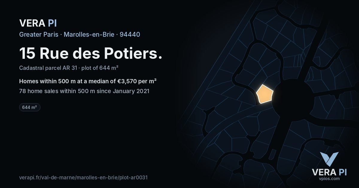15 Rue des Potiers, Marolles-en-Brie at night – the plot lit, the parcels around coloured by the prices near them