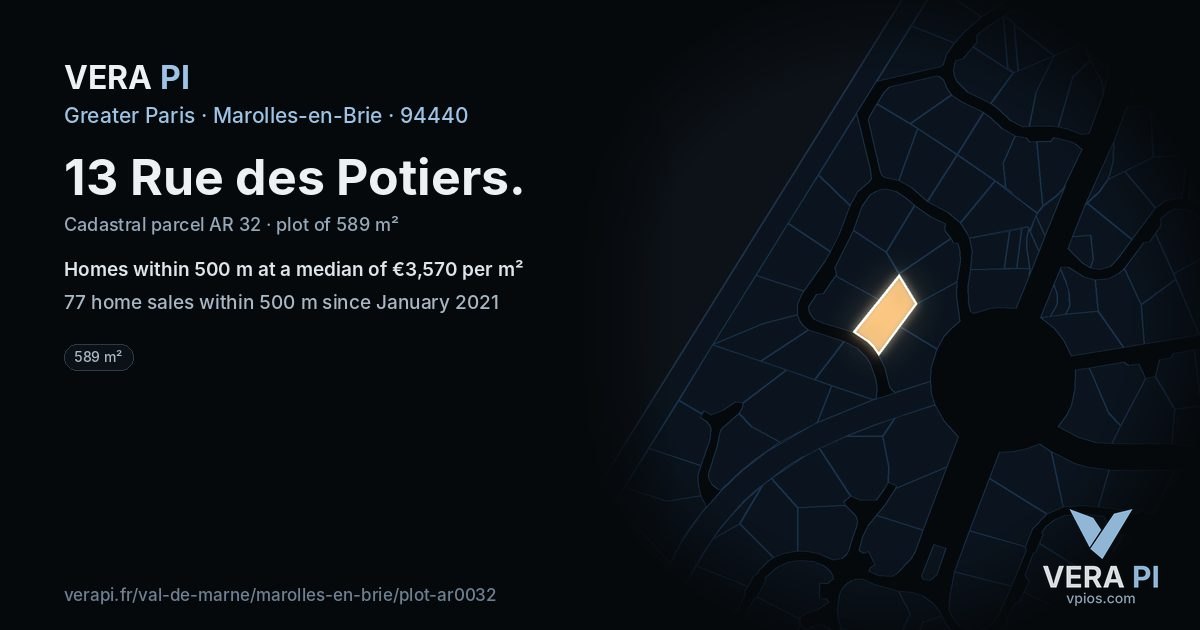 13 Rue des Potiers, Marolles-en-Brie at night – the plot lit, the parcels around coloured by the prices near them