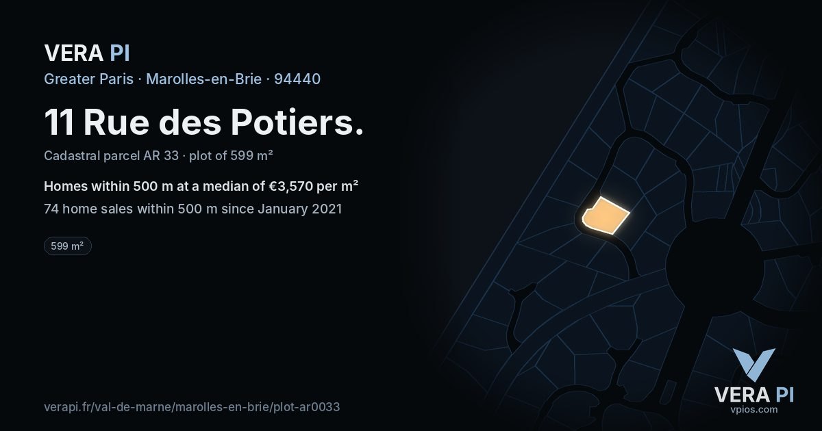 11 Rue des Potiers, Marolles-en-Brie at night – the plot lit, the parcels around coloured by the prices near them