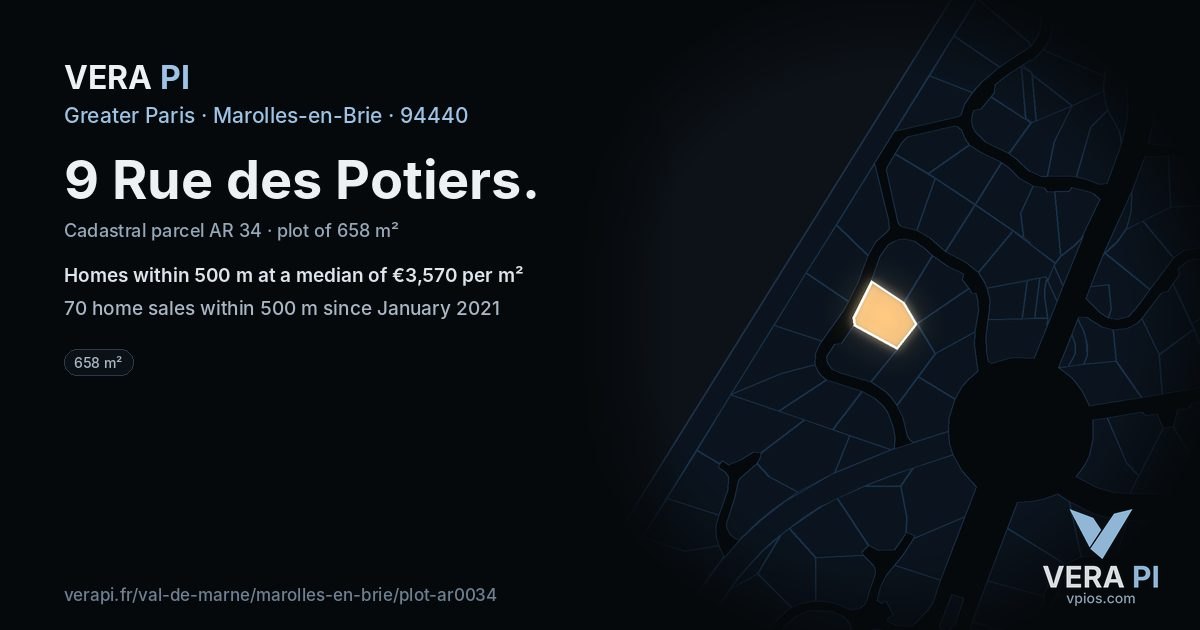 9 Rue des Potiers, Marolles-en-Brie at night – the plot lit, the parcels around coloured by the prices near them