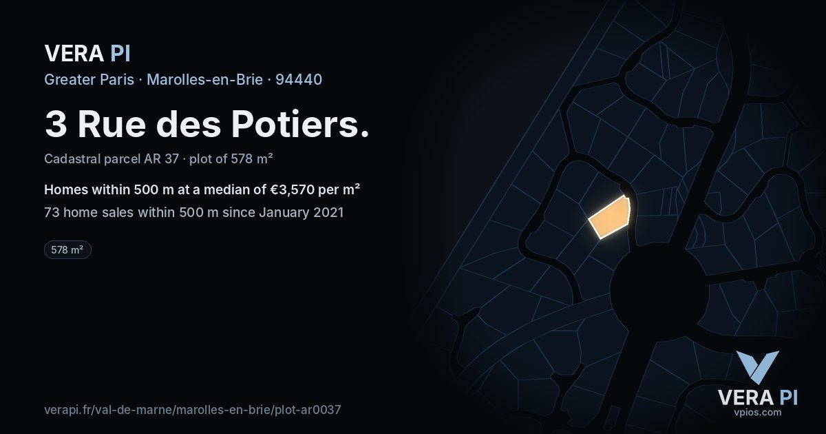 3 Rue des Potiers, Marolles-en-Brie at night – the plot lit, the parcels around coloured by the prices near them