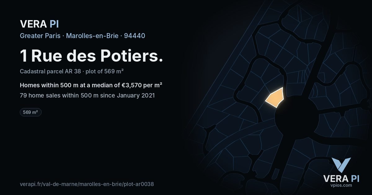 1 Rue des Potiers, Marolles-en-Brie at night – the plot lit, the parcels around coloured by the prices near them