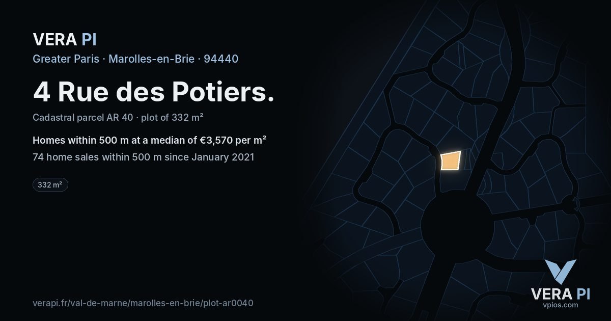4 Rue des Potiers, Marolles-en-Brie at night – the plot lit, the parcels around coloured by the prices near them
