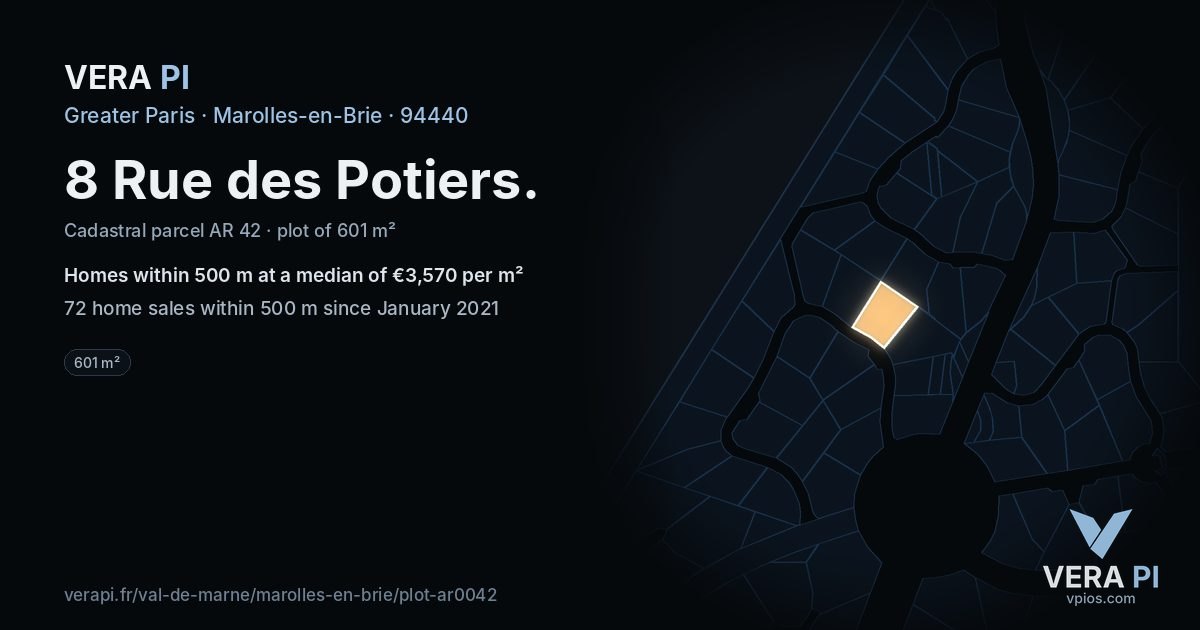 8 Rue des Potiers, Marolles-en-Brie at night – the plot lit, the parcels around coloured by the prices near them