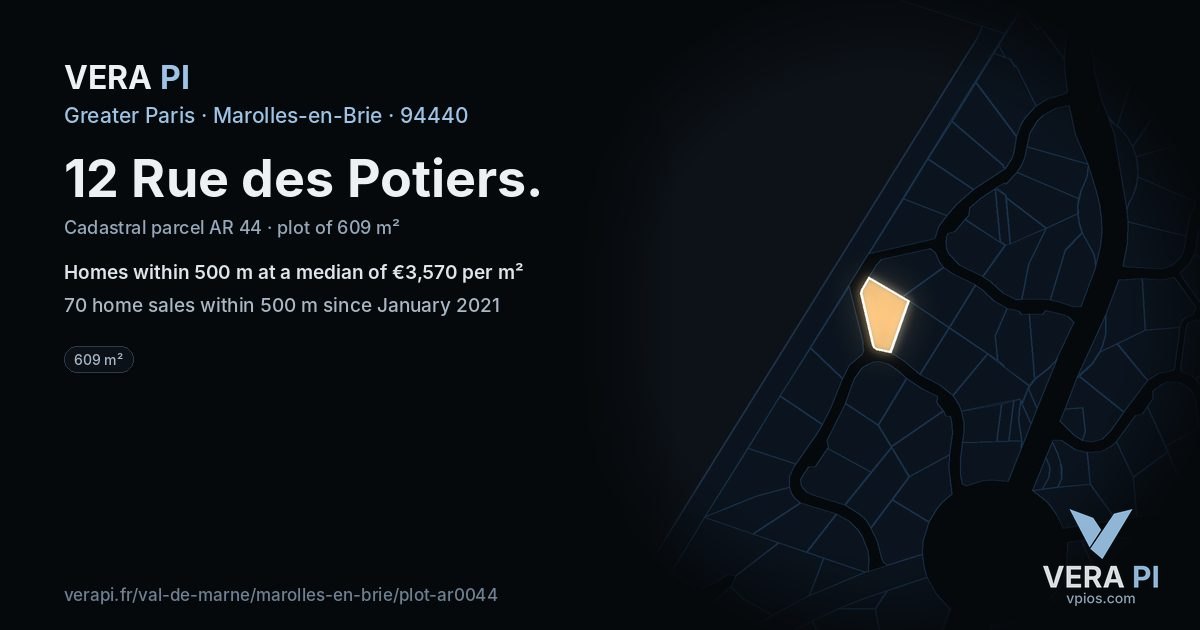 12 Rue des Potiers, Marolles-en-Brie at night – the plot lit, the parcels around coloured by the prices near them