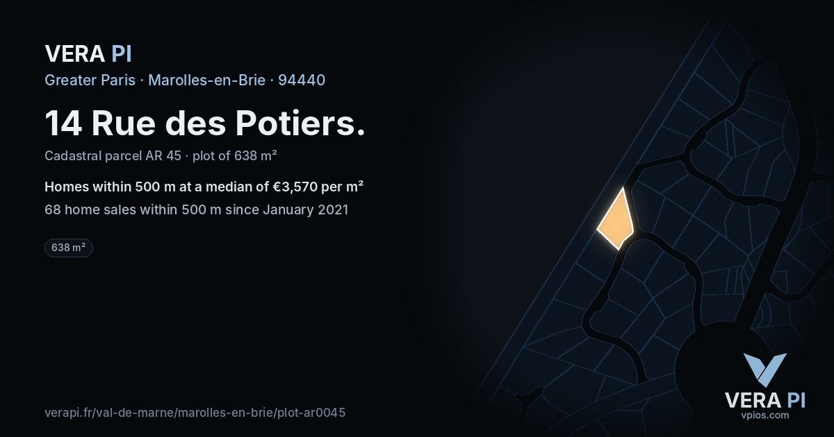 14 Rue des Potiers, Marolles-en-Brie at night – the plot lit, the parcels around coloured by the prices near them