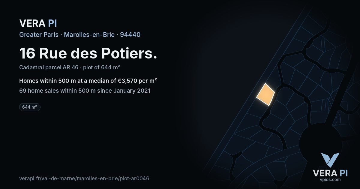 16 Rue des Potiers, Marolles-en-Brie at night – the plot lit, the parcels around coloured by the prices near them