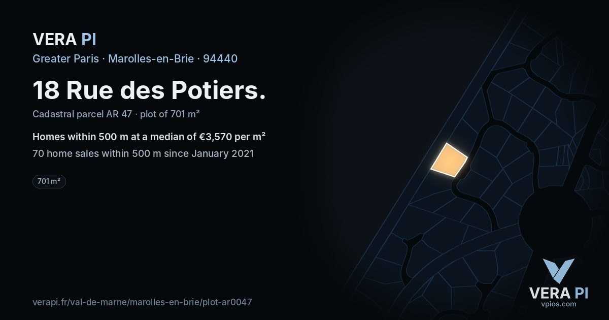 18 Rue des Potiers, Marolles-en-Brie at night – the plot lit, the parcels around coloured by the prices near them