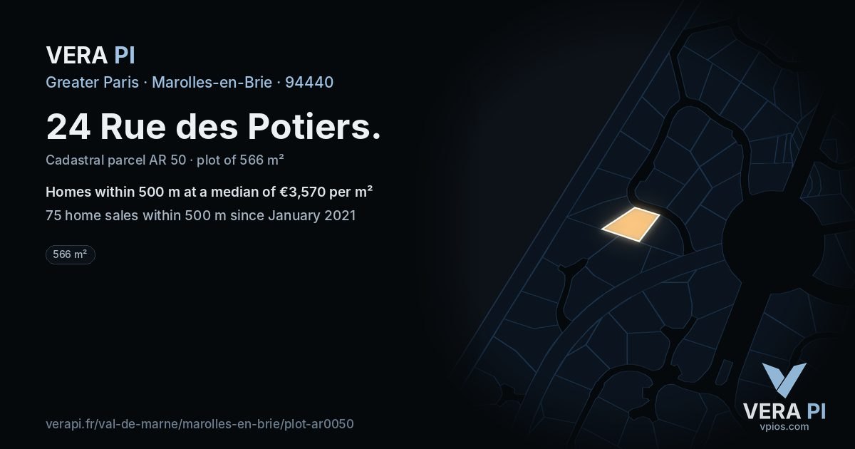24 Rue des Potiers, Marolles-en-Brie at night – the plot lit, the parcels around coloured by the prices near them