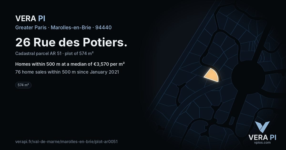 26 Rue des Potiers, Marolles-en-Brie at night – the plot lit, the parcels around coloured by the prices near them