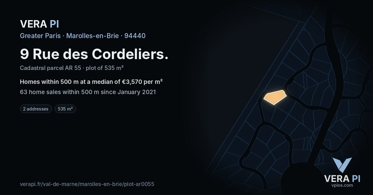 9 Rue des Cordeliers, Marolles-en-Brie at night – the plot lit, the parcels around coloured by the prices near them