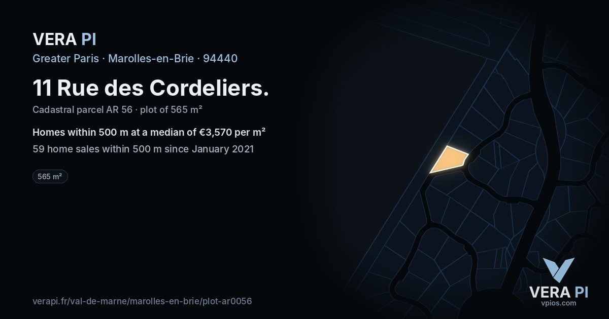 11 Rue des Cordeliers, Marolles-en-Brie at night – the plot lit, the parcels around coloured by the prices near them